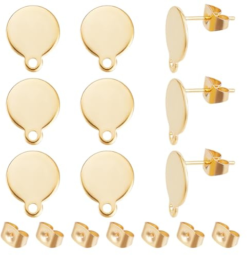 HOBBIESAY 10 pezzi 304 orecchini a perno in acciaio inox nudo orecchini piatti dorati placcati in oro 24 carati per la produzione di orecchini, gioielli fai da te, foro: 1,2 mm