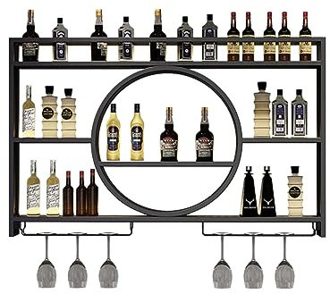 Estante de metal montado en la pared con estantes de vidrio y licor, estante de exhibición negro para copas de vino, whisky y botellas de licor, mini gabinete de bar para almacenamiento de copas de