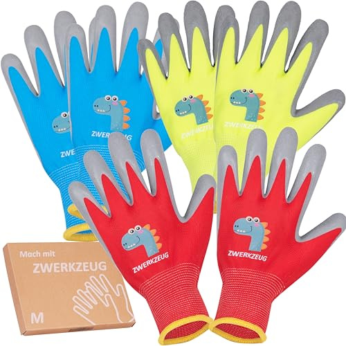 Set di 3 paia di guanti da lavoro per bambini con strato di lattice naturale e tessuto elastico, palmo rivestito in gomma, guanti protettivi multicolori resistenti e confortevoli per vari usi.