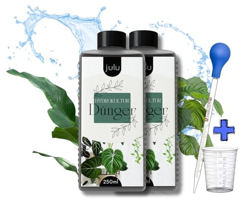 JULU Engrais Deluxe pour culture hydroponique - Plus de 200 l d'eau - Engrais liquide - Plantes fortes et saines - Pipette et verre doseur inclus - 2 x 250 ml