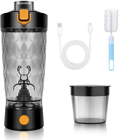MeYuxg Coctelera eléctrica de proteínas, 650 ml, inalámbrico, con función de mezcla, vaso mezclador automático con depósito de polvo y cepillo de limpieza, para deportes, fitness y viajes, color negro