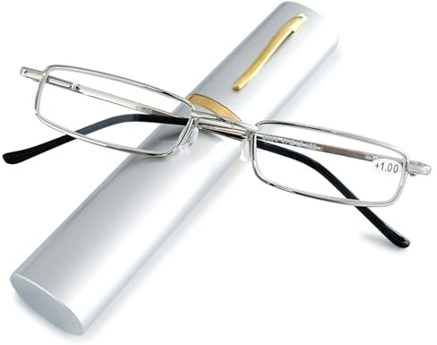 ABETOS Damen Schmal Lesebrille Herren Mini Kleine Blaulichtfilter Ultraleichte Metall Brille Lesebrillen Federscharnier Lesehilfe Sehhilfe mit Etui, Silber+1.75