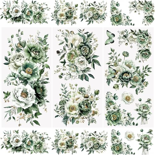 WANDIC 3Pcs Rub On Transfer Stickers Green Flowers Pattern Waterproof Decals Furniture Craft Embellishments for DIY Scrapbooking Photo Albums,15 * 30cm
