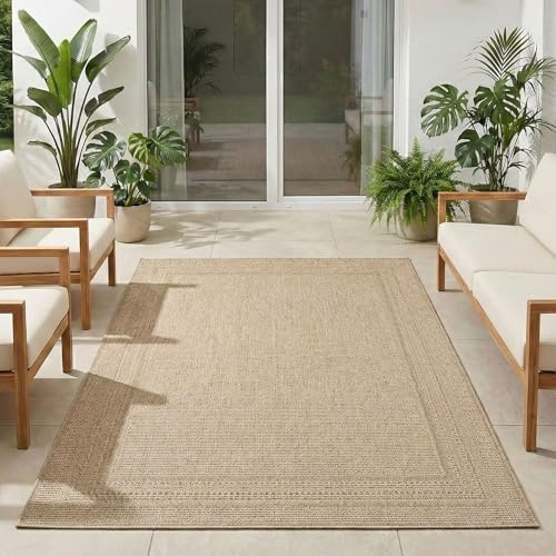 Carpetsale24 Outdoor Teppich Beige 160x230 cm, Wetterfest & UV-beständig, ideal für Küche, Balkon, Terrasse, Garten auch Wohnzimmer und Esszimmer, Einfarbiges Design mit Bordüre, Leicht zu Reinigen