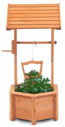 BONAFIDE Wooden Wishing Well Planter with Hanging Bucket, Flowers Shrubs Plants, Heavy Duty Garden Ornamental Flower Pot, Wooden Ornamental Garden Plant/Flower