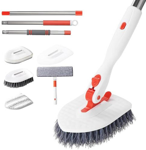 4-in-1 Fliesenschrubber mit Langem Stiel, Badezimmer Scheuerbürsten, Verbesserte Duschreinigungsbürste, Schrubbbürstenaufsätze, Duschschrubber für Badewanne, Sockelleiste, Boden, Wand, Fußleiste