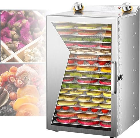 Dörrgerät mit 18 Edelstahlschalen, gewerblicher Dörrautomat für Obst, Fleisch, Kräuter, Beef Jerky und Snacks, 12-Stunden-Timer und Temperaturregelung für gleichmäßiges Trocknen