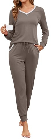 Namatime Schlafanzug Damen Lang Baumwolle Pyjama Set Zweiteiliger Nachtwäsche V-Ausschnitt Sleepwear Winter Loungewear mit Taschen Kaffee Grau M