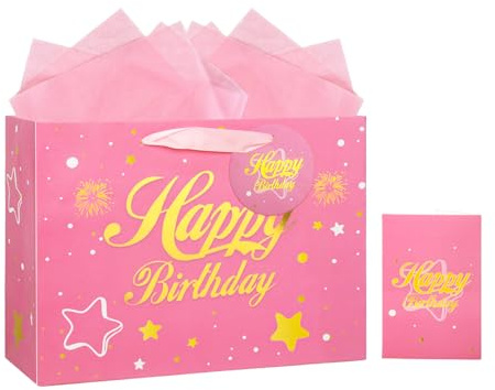 30× 22× 12 cm Geschenktüte Geburtstag mit Seidenpapier Groß Geburtstagstüte Rosa