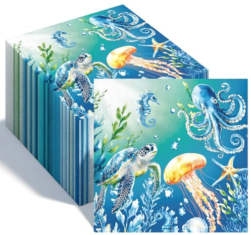 Crtiin 100 Pcs Decoupage Napkins Nautical Cocktail Napkins Disposable Coastal Beverage Paper Decorative Beach Hand Towels for Summer Wedding Luncheon Dinner Party(Deep Sea)