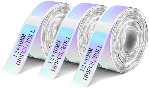 3 rullar, lämplig för D30/P11, 12 x 40 mm, vattentätt termopapper, lämpligt för hushållsartiklar, kontor etc. (Genomskinlig holografisk)