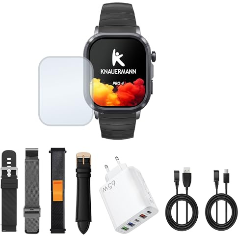 Knauermann PRO 4 (2026) kantig svart – EKG hälsoklocka med blodtryck, puls och syremätning av syre, telefonfunktion, sömnanalys, IP67, 46 mm – premiumpaket