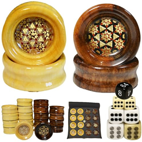 Spielstein- Set für Backgammon, Checkers, Dame, hochwertig aus Holz, Intarsien Design, 32 Steine, Verstärkungswürfel, 3 Würfelset: 10x10-14x14-16x16mm, Höhe: 12mm, Durchmesser: 30mm