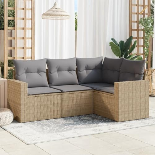 Ziaphsol 4-TLG. Garten-Sofagarnitur, Beige Poly Rattan, mit Kissen, modulares Outdoor Loungeset für Terrasse Balkon, UV-beständig, pflegeleicht, bequemes Sitzerlebnis