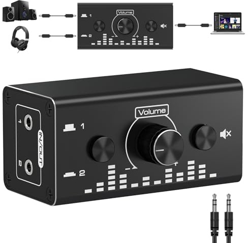 VEDINDUST 3,5 mm Audio Umschalter 2 Eingänge 1 Ausgang/1 Eingang 2 Ausgänge Jack Audio Switch Analog Stereo Aux Schalter Audio Selector mit Volume Control für Phono Radio Phone Kopfhörer PC