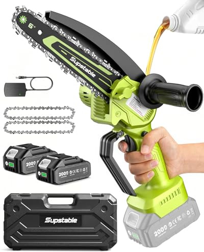 Supstable Mini tronçonneuse électrique sans fil de 15,2 cm avec poignée auxiliaire et protection, petite tronçonneuse alimentée par piles avec 2 batteries et huilier pour femmes, personnes âgées