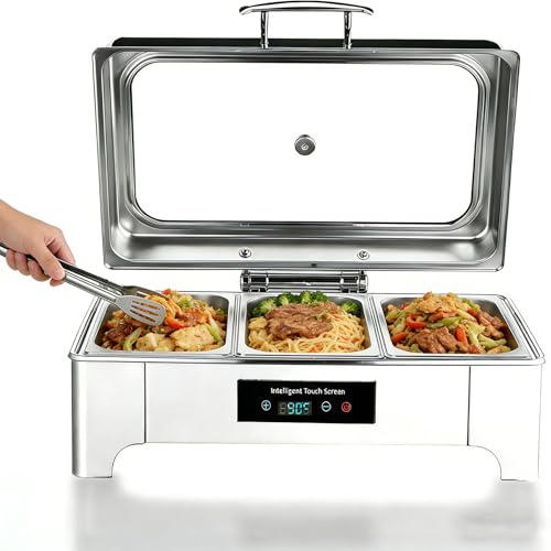 Chafing Dish Elettrico, 9L Scaldavivande Elettrico per Buffet (GN1/3) | Commerciale Contenitore Scalda Cibo con Coperchio in Vetro per Buffet, Feste e Banchetti, Temperatura Regolabile 35-90°C