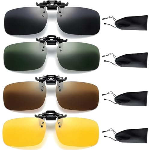 EYWILYWI 4-pack clip-on solglasögon för receptbelagda glasögon, polariserade flip-up UV400-skydd, bländskydd för män kvinnor som kör utomhussport, fiske med 4 väskor