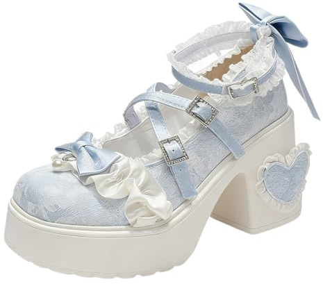 DINTAHA Kawaii Lolita Cosplay Shoes Chunky Platform Mary Jane Heels with Bow High Heeled Court Shoes