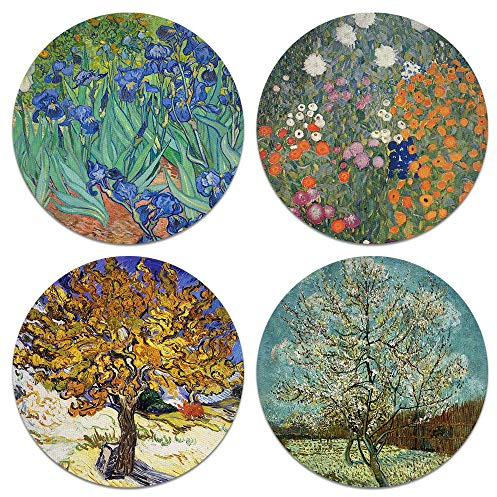 CARIBOU Coasters - Irises, Mulberry, The Pink Peach Tree by Vincent Van Gogh, Gustav Klimt Flower Garden Design Absorbent Round Fabric Felt Neoprene Coasters for Drinks, 4pcs Set