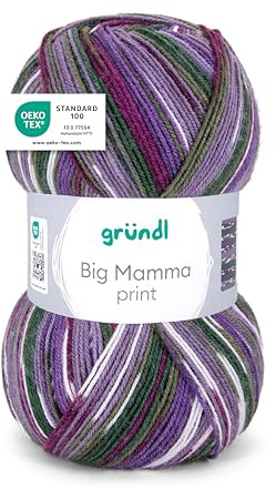 Gründl Lana Big Mamma Print - Lana XXL para tejer - ovillo grande de 400 g / 1040 m - lana con degradado de color 100% poliacrílico - violeta-pino verde-blanco-musgo verde-lavanda
