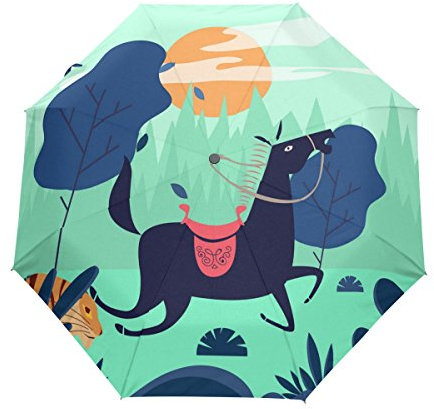 Cartoon Pferd Regenschirm Auf-Zu Automatik UV-Schutz Taschenschirm Winddichter Umbrella Klein Leicht Schirm Kompakt Schirme für Jungen Mädchen Reise Strand Frauen