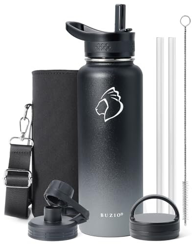 BUZIO Edelstahl Trinkflasche 1180ml Thermosflasche mit Strohhalm Deckel und Isolierte Wasserflasche für Sport Auslaufsichere Isolierflasche, Schwarz&Grau