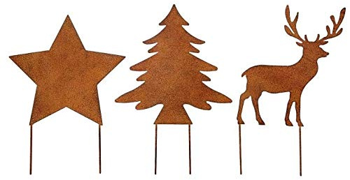 Posi 3er Set Stecker ROST Farben Stern Baum Hirsch Metallstecker Rostdeko Gartendeko Herbstdeko Metallbaum Metallhirsch Metallstern 14cm