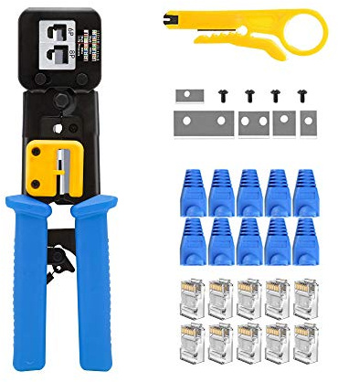MAYLINE Crimper RJ45 CAT5e/CAT6 Network Crimp Cutter Tool, RJ11/RJ12 Ethernet Crimping Cable Tester Stripper for Passthrough and Legacy Connector(Blue)