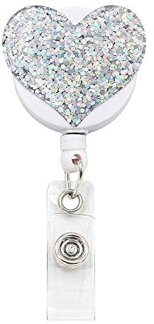 Ausweishalter mit Gürtelclip, glitzerndes Herz, Jo-Jo-Ausweishalter, Schlüsselanhänger für Mädchen, Krankenschwester, Lehrer, Studenten, Silber, 1 Stück
