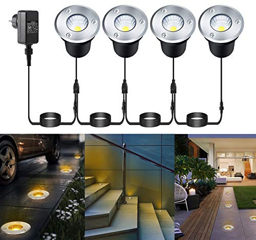 Greenclick 4 in 1 LED Bodenlicht Bodeneinbauleuchten COB 3w 12v Ø65mm, IP67 Wasserdicht Warmweiß Bodeneinbaustrahler mit Stecker für Terrasse, Rasen Garten Treppen, Gehweg, Auffahrt
