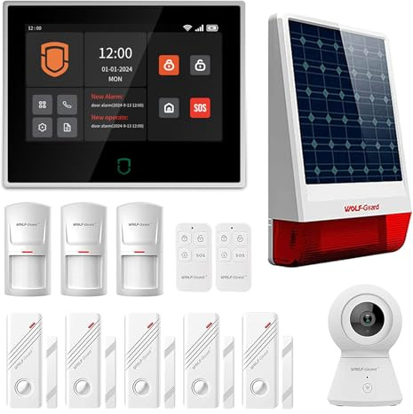 Wolf Guard WT4F 4G + WiFi Alarmanlage Haus 7 Touchscreen, mit HD-Kamera, solarbetriebene Außenalarmsirene mit 110 dB，Bewegungsmelder, Tür-/Fenstersensor, Tuya Smartlife APP Komplettsysteme