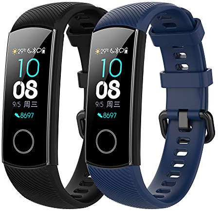 Yikamosi Compatible with Huawei Honor Band 4/Band 5,Soft Silicone Stainless Steel Clasp Tracker-Quick Replacement Bracelet Strap for Huawei Honor Band 4(CRS-B19)/Band 5(CRS-B19S)(Black+Drak Blue)