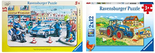 Ravensburger Kinderpuzzle - 07616 Baustelle und Bauernhof - Puzzle für Kinder ab 3 Jahren, mit 2x12 Teilen & Kinderpuzzle 06037 - Einsatz der Polizei - Rahmenpuzzle