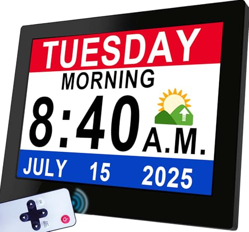 Véfaîî 19 Alarms Dementia Clock 8 Inch Large Display, Auto DST, 10 Levels Auto Dimmable, Non-Abbreviated Date and Day Calendar Clock for Seniors, with Power Adaptor, Picture Frame Feature