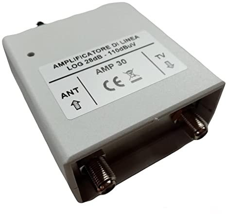 Vsnetwork Amplificatore antenna TV digitale terrestre autoalimentato con filtro LTE/4G, Guadagno massimo 28 dB Regolabile, da interno, 1 ingresso / 1 uscita