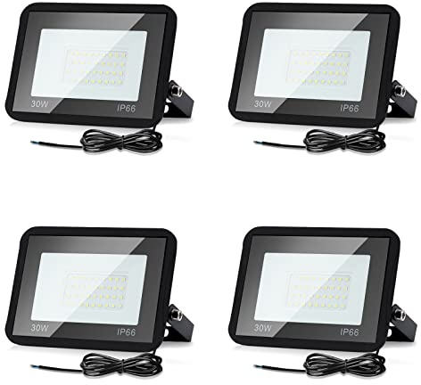 Izrielar 4 LED Faretto Esterno 30W, Proiettore Bianco Caldo 3000K 2550LM Super Luminoso, Luce impermeabile IP66 per Cortile Hotel Campo Sportivo Garage Decorazione Giardino Festa di Compleanno