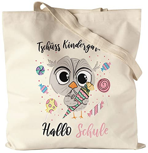 Hey!Print Tschüss Kindergarten Hallo Schule Jutebeutel Stoffbeutel Canvas Einschulung Grundschule Süßes Eulen-Motiv