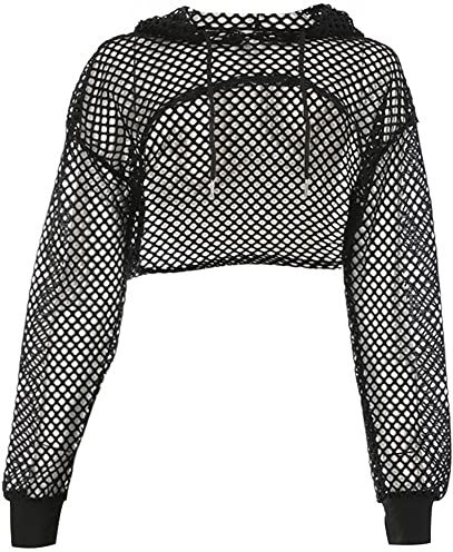 Rave Outfit Damen Langarm Netzoberteil Bauchfreies Mesh Netz Oberteil Frauen Crop Top Teenager Mädchen Sweatshirt mit Kapuze Techno Neon Party Streetwear Hip Hop Kleidung Clubwear Schwarz M