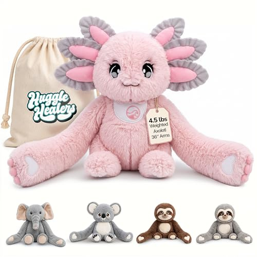 Huggle Healers Weighted Stuffed Animals for Adults, Teens and Kids - 36 Inch Long Plush Arms Pink Stuffed Animal for Hugs - 4.5lb Axolotl Plushies - Ula Axolotl