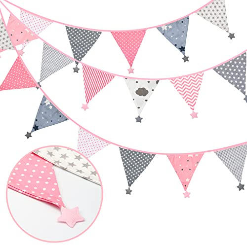 jijAcraft Doble Cara Banderín de Tela con Estrellas, 4M/12 Lados Rosado Guirnalda Triangulos Tela, Banderines Tela Multicolor para Decorar la Habitación de Los Niños Fiesta de Cumpleaños