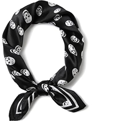 JERLA Damen- und Herren-Schal, klein, quadratisch, 100 % echte Maulbeerseide, satinartiges Haar-Kopf-Gesichtstuch, 53,3 x 53,3 cm, Totenkopf schwarz, 21 x 21