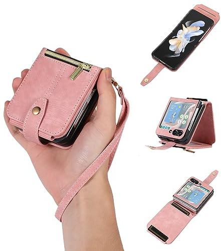 UEEBAI Coque pour Samsung Galaxy Z Flip 5 5G, Portefeuille Cuir PU Rétro Antichoc Housse avec Bandoulière Fentes Cartes Fonction Support Dragonne Fermeture Magnétique Protection complète - Or Rose