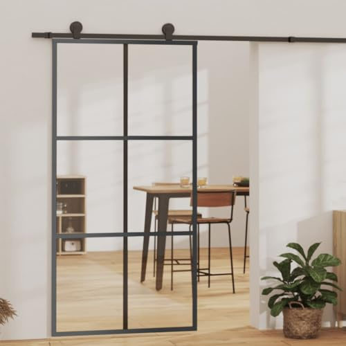 Hommdiy Schiebetür mit Beschlag Glasschiebetür Glastür Glas Schiebe Tür Schiebetürsystem Laufschiene Schiebetürbeschlag ESG-Glas Aluminium 102x205 cm(200 cm Gleitschiene) 3x2 Raster