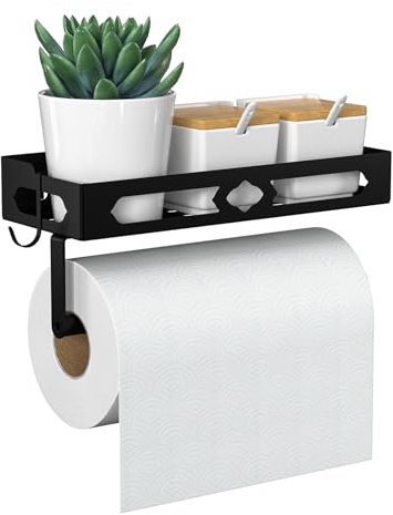 GAGUIUP Paper Towel Holder Wall Mount for Kitchen, Easy One-handed Operation Design, Self Adhesive Paper Towel Holder with Shelf for Bathroom, RV Paper Towel Rack Paper Roll Holder with 2 Hooks, Black