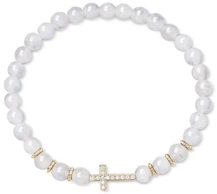 COAI Damen Armband mit Natursteinperlen und Kreuz Anhänger, Kreuz Armband Damen
