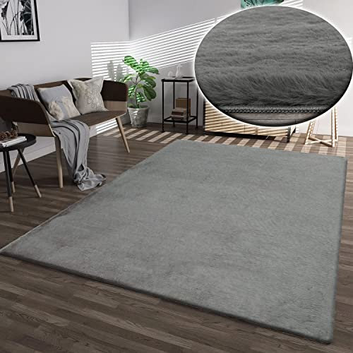 VIMODA Fellteppich Kunstfell Teppich Imitat in Grau Dicht Flauschig Seidiger Glanz Hochflor, Maße:Ø 160 cm Rund