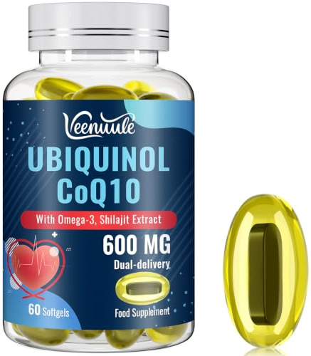 Veenuule Ubiquinol CoQ10 600mg Softgels with Shilajit Extract 300mg & Omega-3 150mg, Dual-Delivery Formula, High Strength Coenzyme Q10 Supplement (60 Count, Pack of 1)