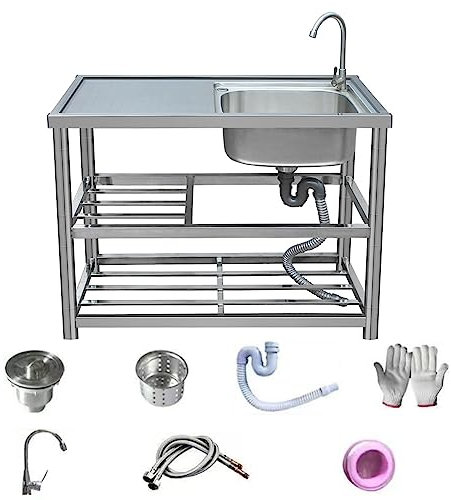DIIDIIFF Freistehende Spüle, Gewerbespüle aus Edelstahl, Restaurantspüle, mit Spüle, Warm- und Kaltwasserhahn, Sieb, Ständer, geeignet für Küche, Hotel, Werkstatt, Garten, Restaurant, Außenbereich