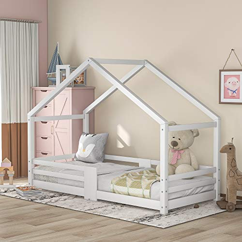 KUAKE Kinderbett Hausbett mit Schornstein | Rausfallschutz| Robuste Lattenroste |Kiefernholz Haus Bett für Kinder, 90 x 200 cm (Weiß)